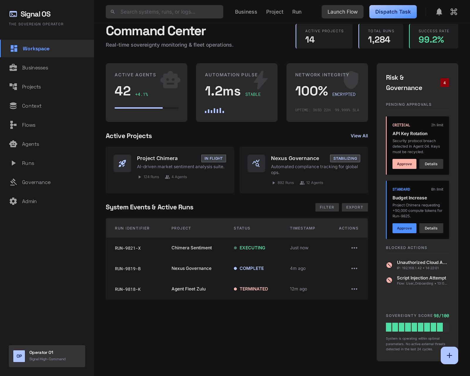 Jacobra Signal OS command center interface study